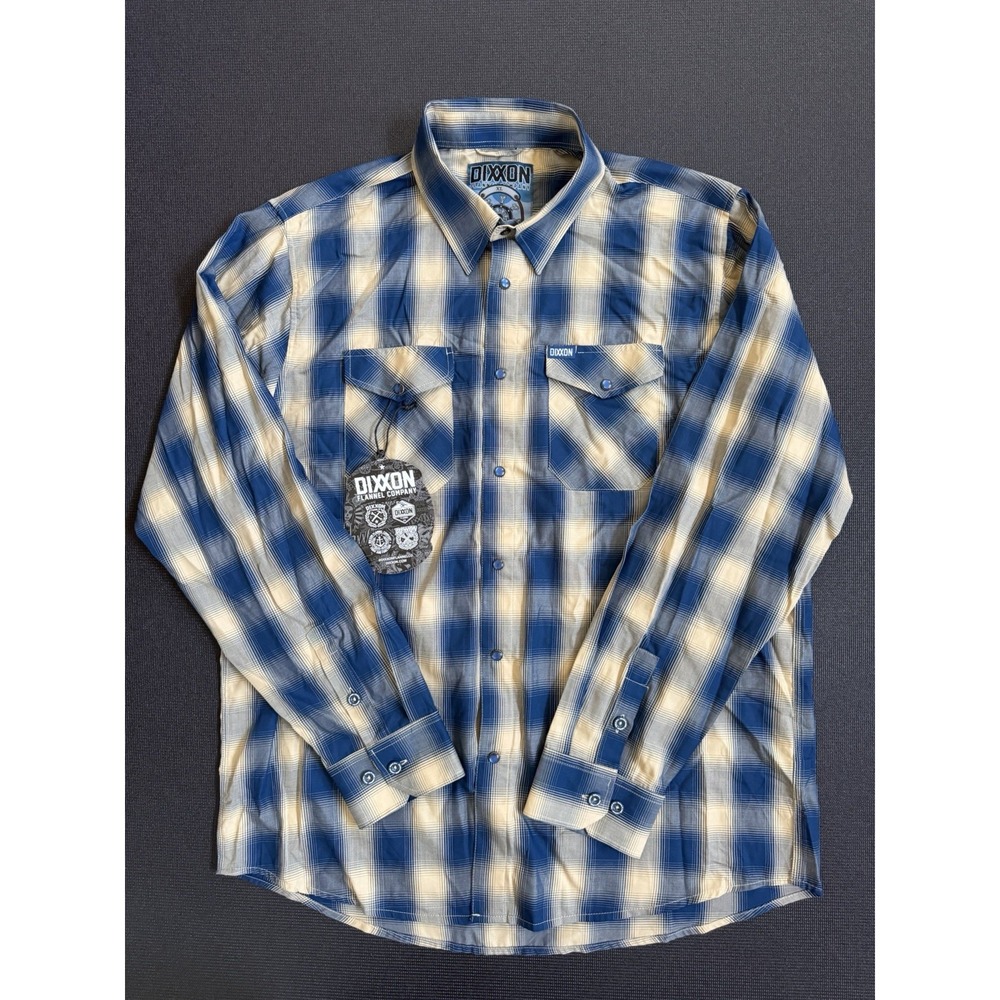 Dixxon Flannel Co. Size XL "The Stern" Blue/Beige Plaid Pearl Snap Button Up